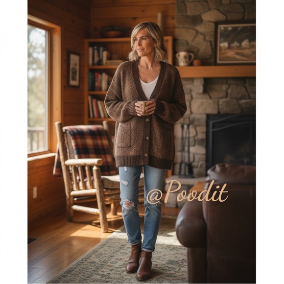 MYSTREE chocolate part wool cardigan S M L - Picture 2 of 8